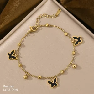 High Quality High End Trendy Gold Plated 316L Stainless Steel Black Butterfly Series Women’s Steel Bead Bracelet Jewelry Bulk