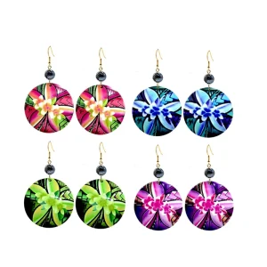 High Quality Kevlar Flower Printed Round Bohemian Double-sided Printed Fashion Earrings for Gifts