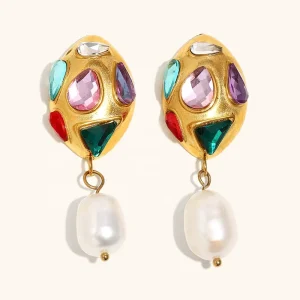 High Quality Light Luxury Stainless Steel Colorful Zircon Pearl Drop Stud Earrings