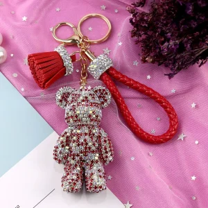 High Quality Luxury Diamond Leather Tassel Bear Key Chain Bag Charm Pendant Cartoon Crystal Car Keychain