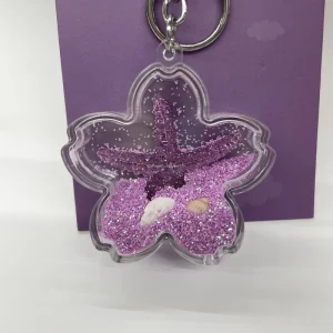 High Quality Plastic Acrylic Keychain Sakura Shape with Custom Figure Liquid Color Shining Glitters Suitable for Decor and Gift