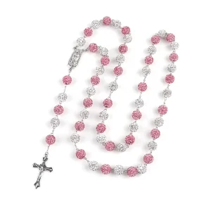 High Quality Prayer Jewelry Long Metal Cross Pendant Necklace Crystal Rhinestone Clay Ball Beaded Rosary Necklace for Men Women
