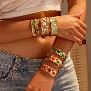 High Quality Stainless Steel Jewelry Bangles 18K Gold Plated Waterproof Natural Stone Turquoise Women’s Chunky Cuff Bracelets