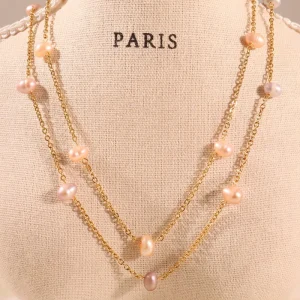 High Quality Stylish Pink Freshwater Pearl Collarbone Necklace Stainless Steel Summer Women Accessory
