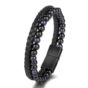 High Quality Trendy Magnetic Titanium Stainless Steel Leather Natural Stone Beaded Bracelet for Men Handmade Black Gun Plated
