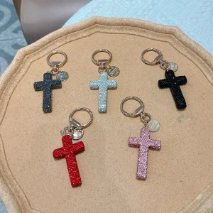 High Quality and Fashionable Cross Keychain Handbag Pendant New Cute Metal Rhinestone Tassel Charming Gift for Girls