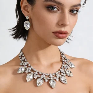 High Shine Heart Shape Clear Crystal Jewelry Necklace and Earrings Set Customizable Original Design for Girls Formal Occasions