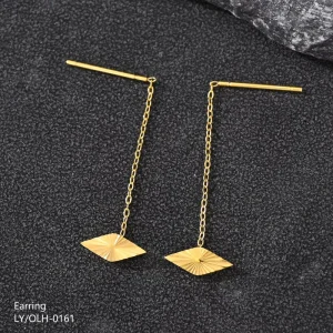 High Texture Unique Design Jewelry Electroplated Gold Rustproof Stainless Steel Geometric Rhombus Long Drop Women’s Earrings