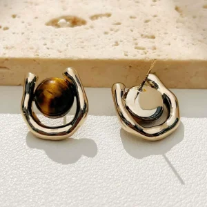 High end Gold plated Tiger Eye Stone Earrings Fashionable and Irregular Light Luxury Accessories