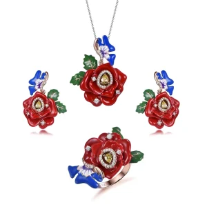 High end Jewelry Set 925 Sterling Silver Rose Flower Necklace Flower Pendant Necklace Birth Flower Necklace Ring Earrings Set