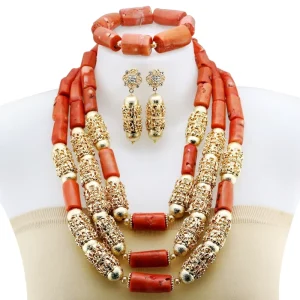 High end Red Coral Beaded Jewelry Nigerian Bridal Necklace Set Suitable for Weddings and Cultural Celebrations YL3120