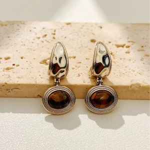 High end Retro Oval Tiger’s Eye Stone Pendant Earrings and Brass Earrings Are Fashionable and Versatile Accessories