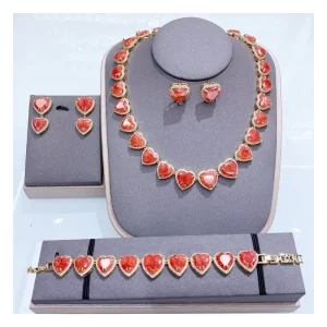 High end Vintage Colorful Heart shaped Zircon Necklace Earrings Bracelet Fashion Jewelry Set
