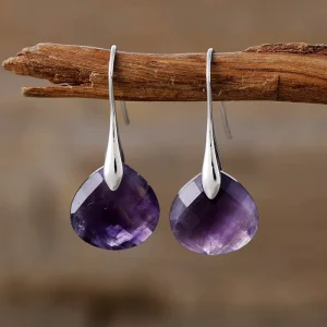 High-quality New Simple Elegant Teardrop-shaped Natural Stone Amethyst tiger Eye Drop Earrings Women’s European American Popular