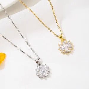 High quality Stainless Steel Fashionable and Charming Resort style Zirconia Sunflower Pendant Necklace for Women