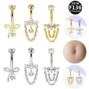 HighQuality Design F136 Titanium Bar Bow Belly Button Ring Fashion Chain Navel Stud Piercing Jewelry Factory
