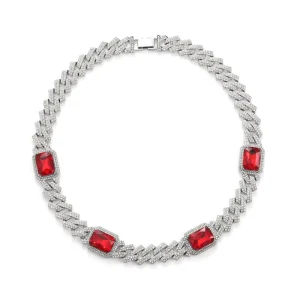 Hip Hop 15MM Full Diamond Bling Big Red Gem Choker Iced Out Cuban Link Chain Necklace Jewelry
