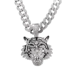 Hip Hop 15mm Cuban Link Chain With Alloy CZ Tiger Head Pendant Necklace 18/20/22/21 Inch Rapper Choker
