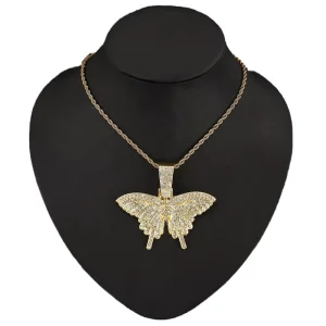 Hip Hop 3MM Rope Chain With Alloy and Rhinestone Butterfly Charm Pendant Necklace