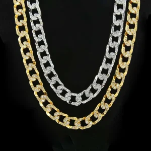 Hip Hop Chain 14k Gold Plated Mens 15mm Cuban Rhinestone Chain Necklace With Double Clasp