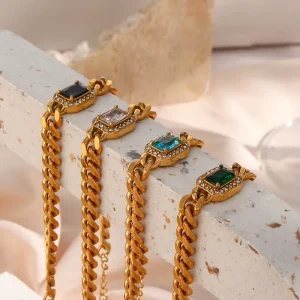 Hip Hop Cuban Chain Zircon Rectangle Charm 316L Stainless Steel Jewelry 18K PVD Gold Necklace