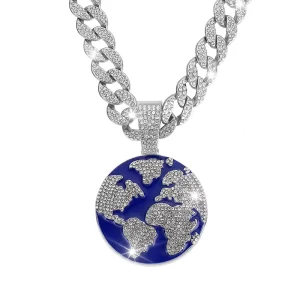 Hip Hop Earth Pendant Jewelry With 15mm Diamond Chain Necklace Men’s Iced Out Pendant