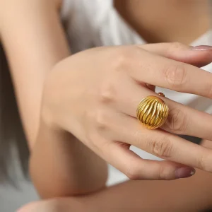 Hip Hop Fashion Jewelry Rings 18k Gold Plated Stainless Steel Minimalist Chunky Non Tarnish Threaded Rings Jewelry Women