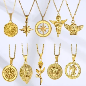 Hip Hop Fashion Vintage Stainless Steel 18K Gold Plated Angel Flower Compass Pendants Religious Necklace for Men