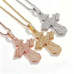 Hip Hop Full Diamond Cross Pendant Necklace with Twisted Chain