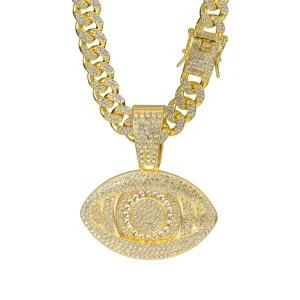 Hip Hop Full Diamond Cuban Link Necklace Gold Plated Alloy Gold Eyes Pendant