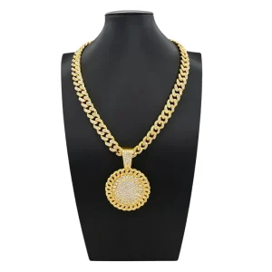 Hip Hop Fully Iced Out Cuban Chain with Round Pendant 18K Gold Plated Full CZ Paved Rapper Necklace for Men B2401510