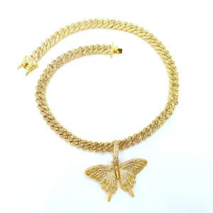 Hip Hop Iced Out Bling 9MM Miami Cuban Chain With Alloy and Rhinestones Butterfly Pendant Chokers Jewelry