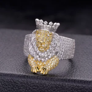 Hip Hop Iec Out VVS Moissanite Diamond Two Tone Gold Plated 925 Sterling Silver Lion Ring for Men