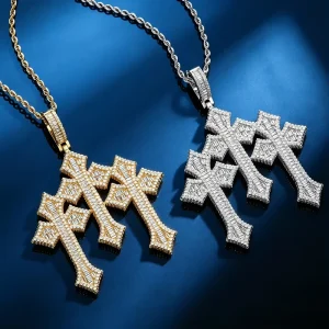 Hip Hop Inlaid Zircon Pendant Necklace Cross Bling Round Zircon Pendant Necklace