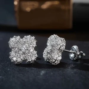Hip Hop Lucky Four Leaf Clover Shape 925 Sterling Silver Stud Earrings With Iced Moissanite For Women