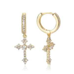 Hip Hop Luxury Cubic Zirconia Drop Earrings Icy Bling Jewelry Zircon Cross Gold Silver Plated Unisex Anniversary