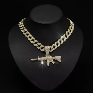 Hip Hop Men’s Miami Cuban Link Chain With Rhinestone Big Gun Pendant Necklace