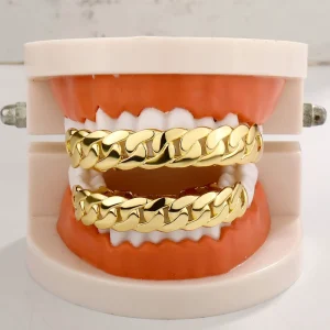 Hip Hop Punk Real 18K Gold Plated Brass Teeth Grillz Cuban Link Chain Teeth Grillz for Men Rapper Body Jewelry