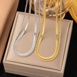 Hip Hop Style Flat Snake Bone Chain Necklace Personality Fashion Stacked up Double Layered Necklaces Unisex Jewelry