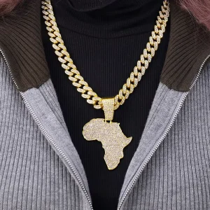 Hip Hop Style Full Diamond African Map Shape Cuban Necklace Gold Plated Alloy Pendant