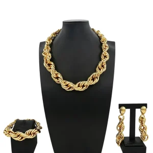 Hip Hop Thick 18K Gold Plated Rope Chain Jewelry Set Dookie Necklace Earrings Ring for Women Boutique HK015322