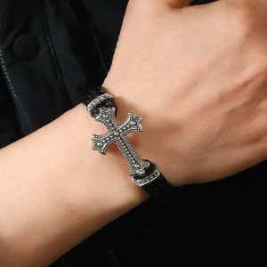 Hiphop Fashion Jewelry Bracelets Bangles Magnet Clasp Gothic Cross PU Leather Bracelet for Men