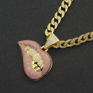 Hiphop Fashion Rap Pink Zirconium Sexy Bite Lip Gold Tooth Pendant Necklace Exaggerated Cuban Chain Accessories