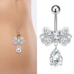 Hisera 316 Stainless Steel Punk Style Women’s Belly Button Ring Navel Rings Butterfly Flower Designs Inlaid Zircon