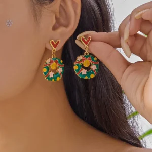 Holiday Gift Christmas Cartoon Alloy Gold-plated Heart Shaped Pendant Earrings Women’s Accessories