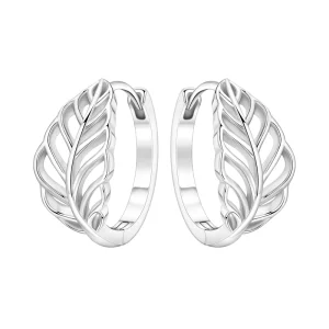 Hollow Cutout Leaf Feather Polished Brass Zircon Trendy Hoop Earrings Silver Tone Minimalist Drop Earrings