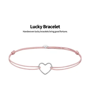 Hollow Heart Silver Lucky Four Leaf Clover Adjustable Strand Bracelet Cotton Wax Thread Trendy Unisex Single Cord Love Rope Gift