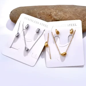 Hollow Water Droplet Tear Drop Pendant Necklace Titanium Steel Clavicular Chain 18K Gold Womens Earrings Jewelry Set