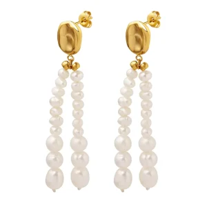 Hong Kong Style Neutral Oval Shaped Baroque Freshwater Pearl Tassel Retro Earrings Anti Tarnish 316L 18K PVD Jewelry