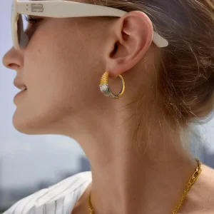 Hoop Earrings Stainless Steel Gold Silver Two Tone Crystal Inlay Everyday Wear Geometric Design Oval Shape